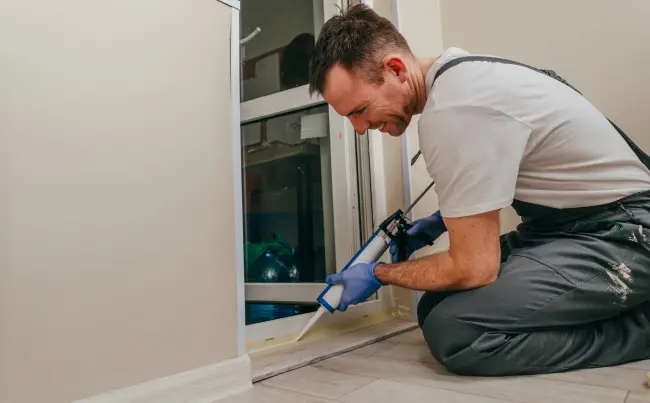 A Deep Roots Pest and Wildlife Innovations service technician applying caulking around door frame to keep pests out.