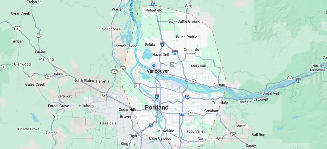 A map highlighting the service areas of Deep Roots Pest and Wildlife, including Portland and Vancouver