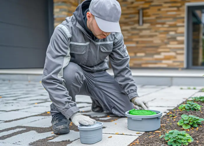 A Deep Roots Pest and Wildlife Innovations Technician Sets Rodent Traps at a Residential Home