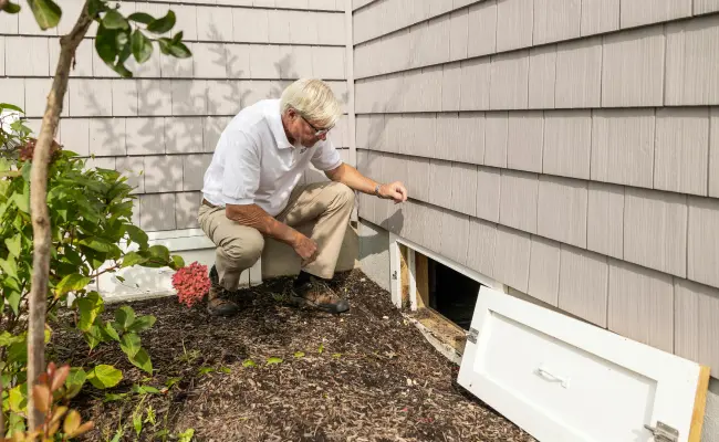 A Deep Roots Pest and Wildlife Innovations technician entering a crawl space to inspect for termite damage