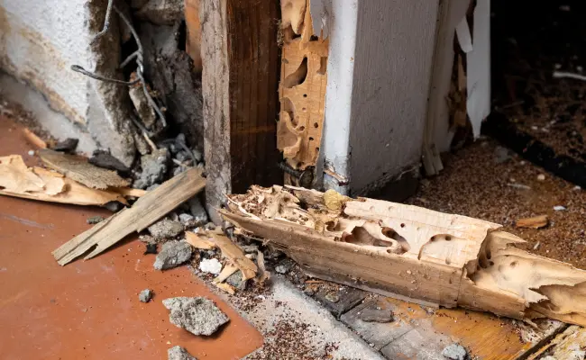 A broken piece of a door frame with termite damage