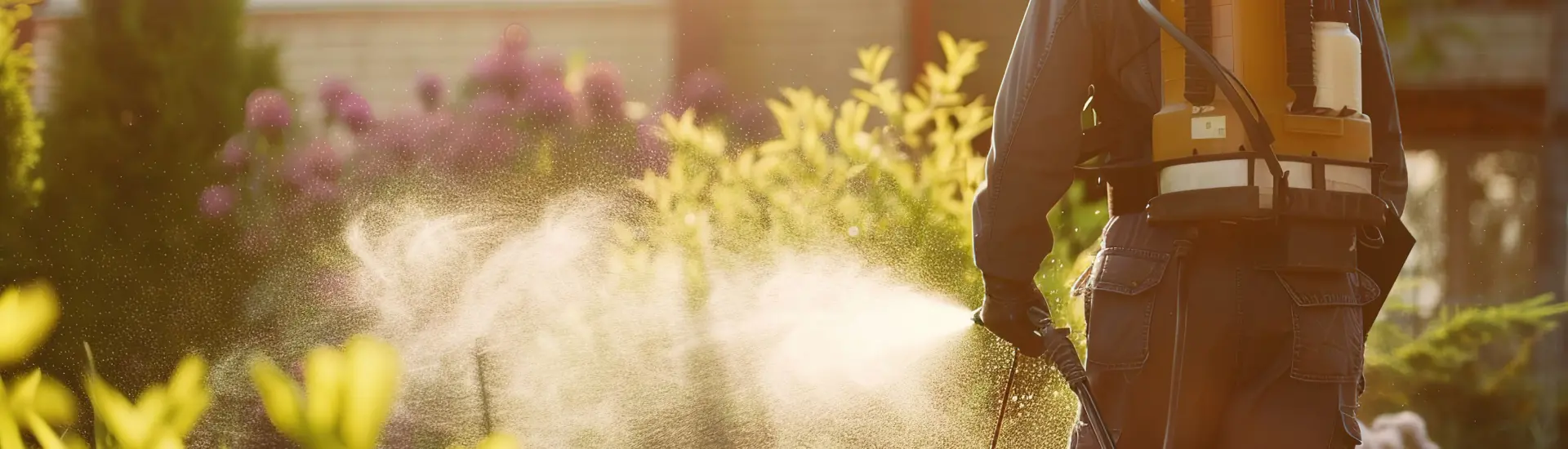 A Deep Roots Pest and Wildlife Innovations technician sprays pesticide in Portland yard