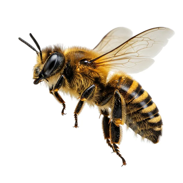A bee on a white background. Call Deep Roots Pest and Wildlife Innovations if you find bees on your property.
