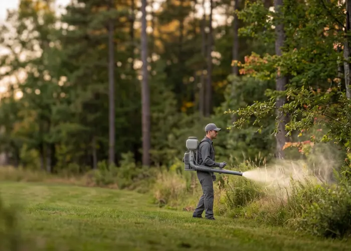 A pest control technician sprays a yard for fleas and ticks in Vancouver, WA