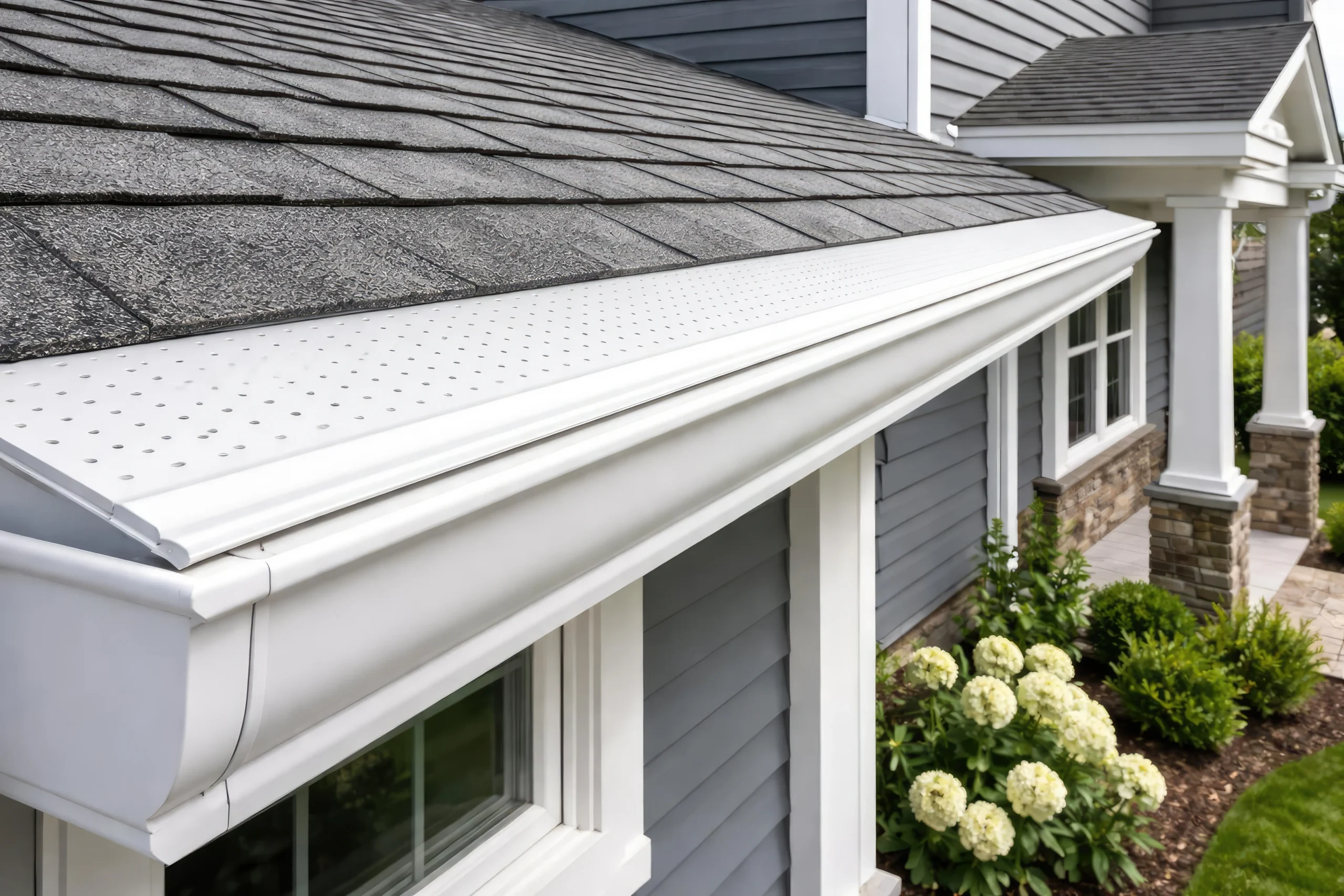 The exterior of a PNW home that has been cleanly maintained with gutter protection and a yard free of debris.