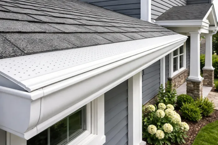 The exterior of a PNW home that has been cleanly maintained with gutter protection and a yard free of debris.